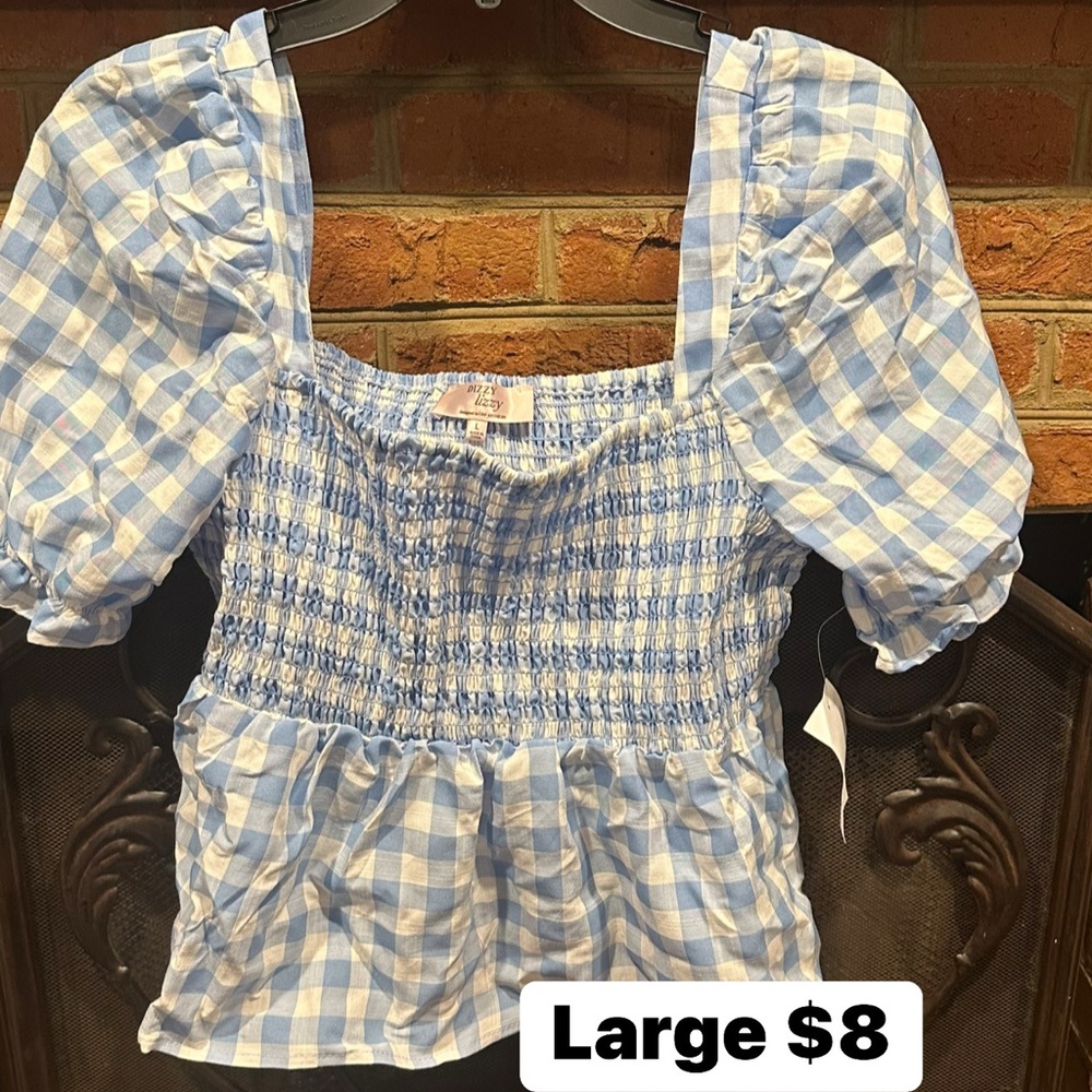 Blue and White Smocked Puff Sleeve Blouse